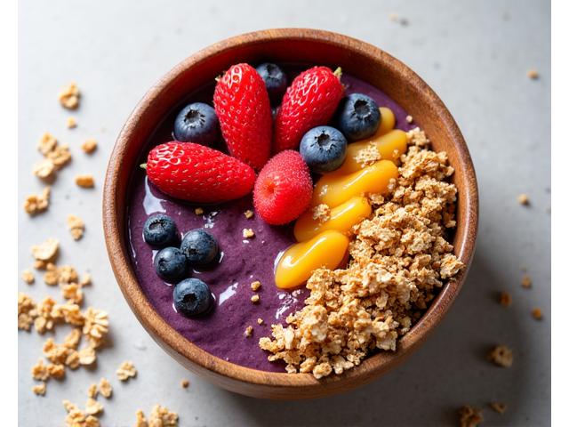 Acai Bowl yang kaya dengan beri, granola, dan kepingan kelapa premium, disajikan dalam mangkuk kayu yang cantik.