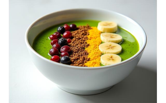 Detox Bowl: mangkuk dengan asas smoothie hijau, dihiasi superfood berwarna-warni seperti chia seeds, spirulina, dan buah-buahan goji.