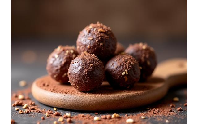 Be bola tenaga gelap yang diperbuat daripada kurma, kacang, dan koko tanpa gula tambahan.