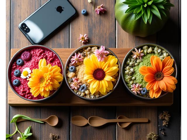 Sekumpulan bowl buah Tropika Burst yang disusun cantik dengan hiasan bunga dan susunan buah artistik dalam mangkuk kayu, sedia untuk difoto.