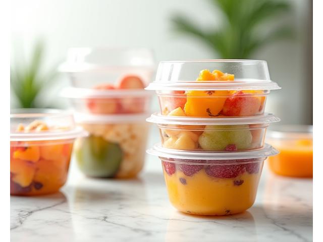 Pelbagai bowl buah yang dibungkus secara individu, siap untuk penghantaran katering pejabat atau meal prep mingguan.