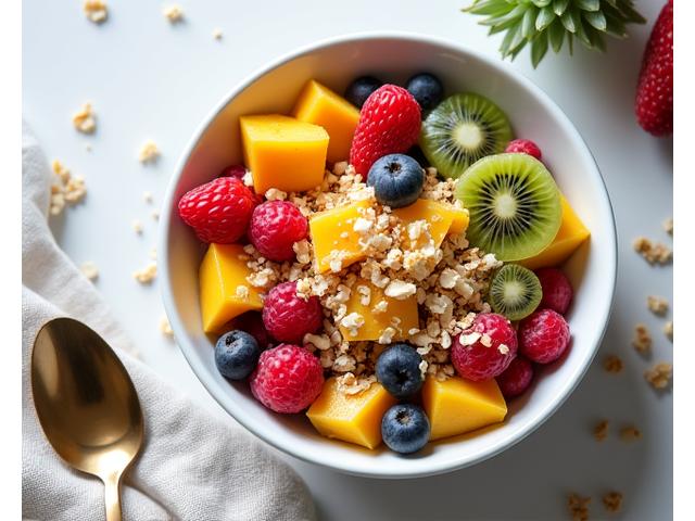 Bowl buah segar dengan granola dan kacang