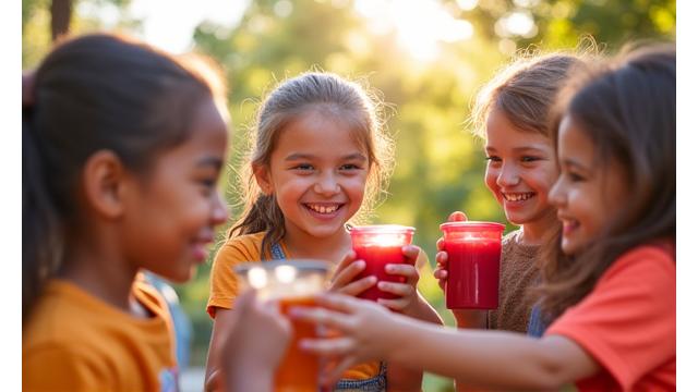 Kanak-kanak riang minum jus Tropika Burst