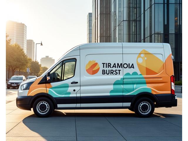 Van penghantaran berjenama Tropika Burst yang memandu di jalan bandar, menunjukkan penghantaran yang cekap.