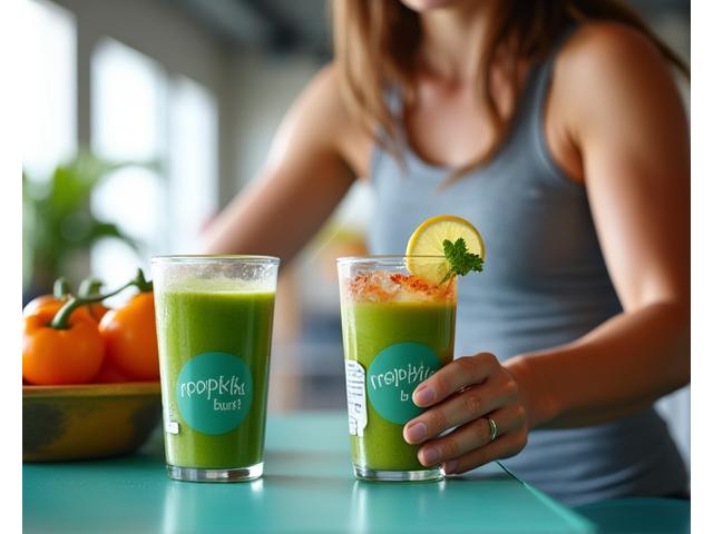 Ahli gym berdiri di sebelah kaunter mengambil jus selepas bersenam.