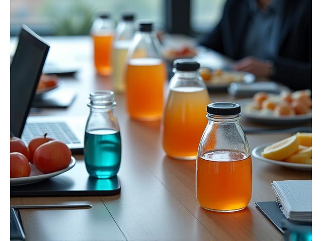 Sesi mesyuarat korporat dengan minuman jus dan buah-buahan yang disajikan.