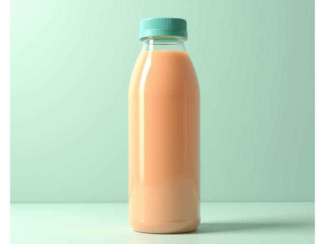 Botol jus dengan label yang boleh dijenamakan semula, menunjukkan logo contoh syarikat.