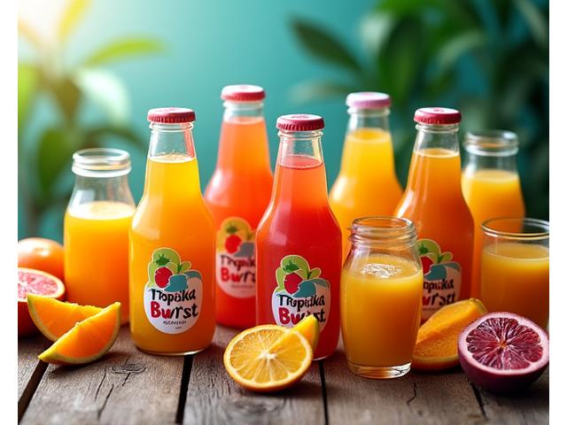 Meja yang penuh dengan pelbagai botol dan gelas jus segar Tropika Burst, menunjukkan kuantiti dan kesegaran produk untuk perniagaan borong.