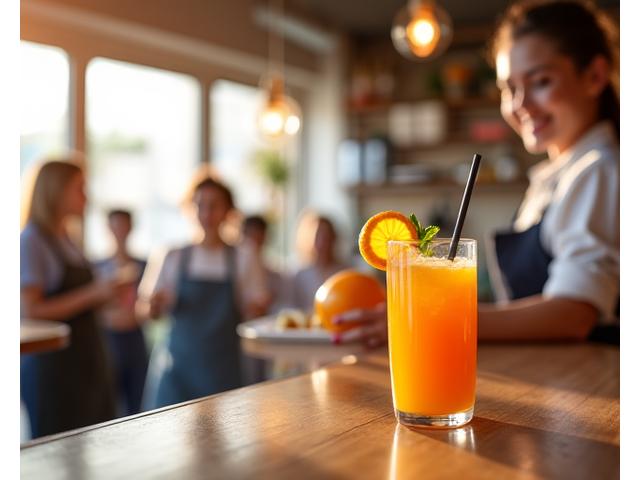 Pelayan menyediakan jus segar di kafe moden dengan pelanggan di latar belakang.