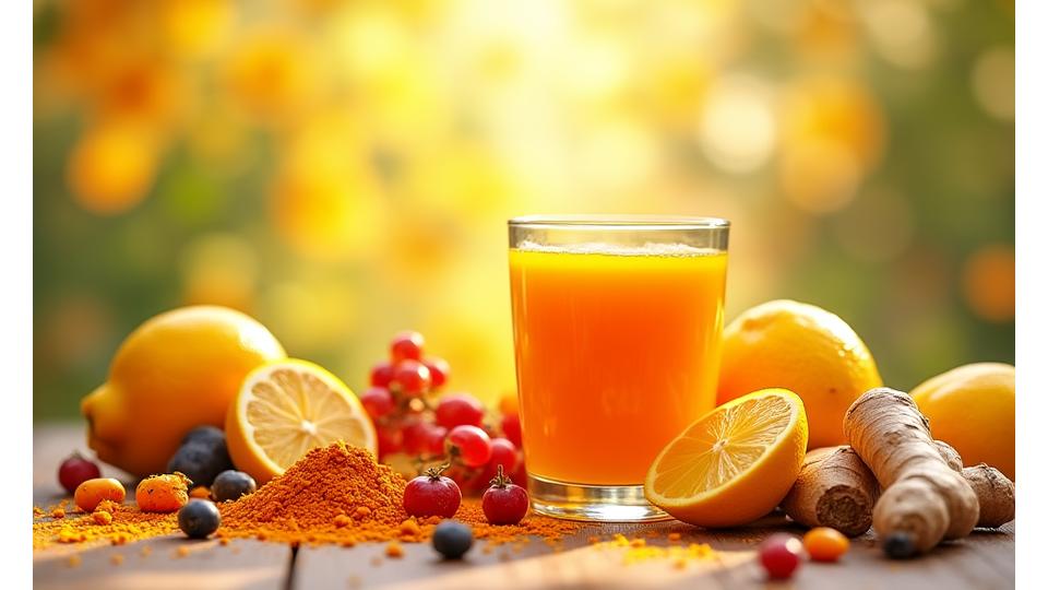 Campuran jus imuniti dengan kunyit, halia, dan madu serta ilustrasi molekul antioksidan.