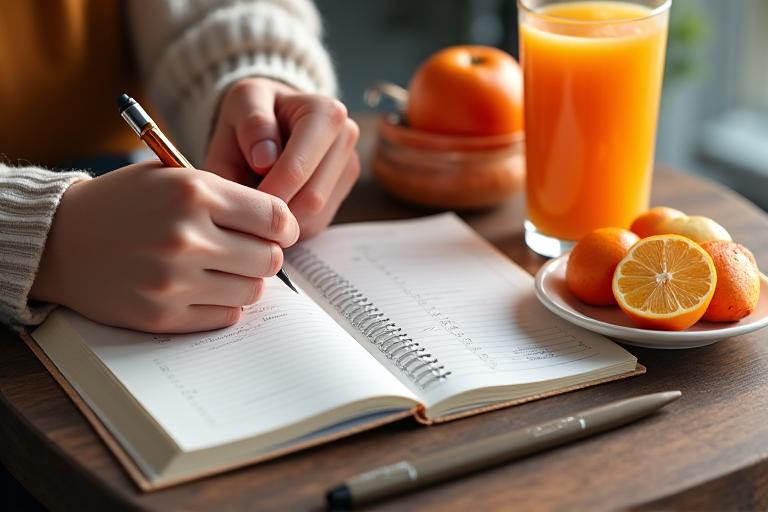 Seseorang mencatat wellness journal dengan jus Tropika Burst di latar belakang.