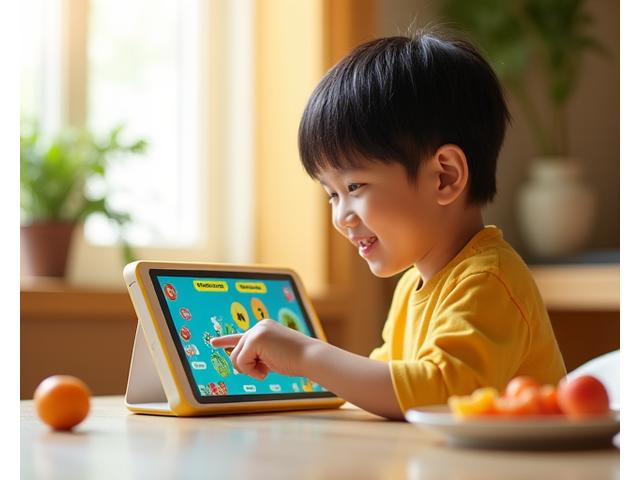 Kanak-kanak berinteraksi dengan tablet, belajar tentang buah-buahan