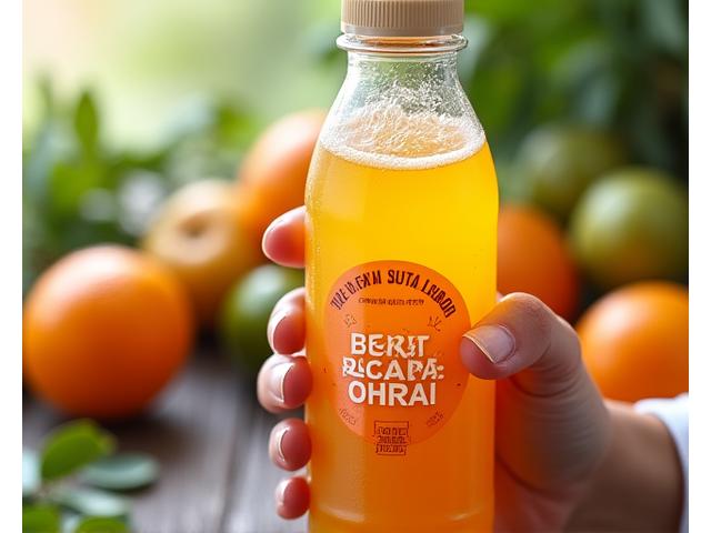 Tangan memegang botol jus segar dengan label 'Fresh Daily'