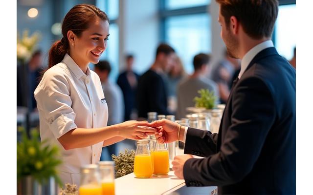 Professional juice bar setup di majlis korporat dengan individu berpakaian bussines suit memegang gelas jus
