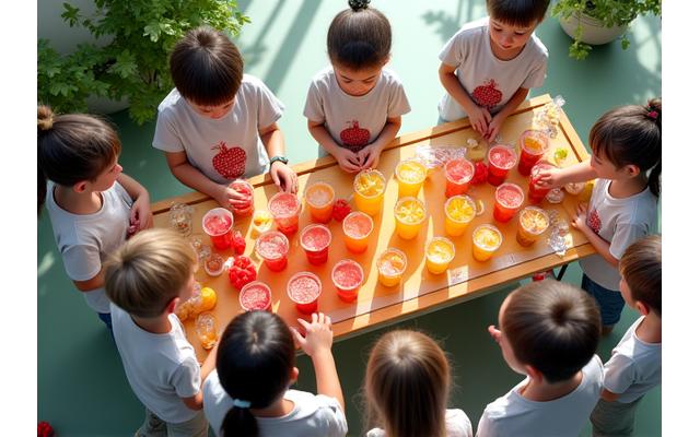 Pelajar sekolah berinteraksi di meja jus yang ceria di acara sekolah, memilih buah-buahan untuk jus mereka.