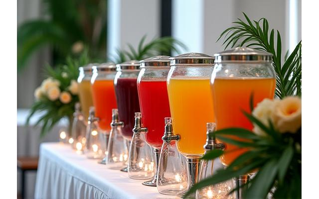 Stesen minuman katering yang dihias elegan dengan botol jus kaca, hiasan daun tropika, dan pencahayaan lembut.