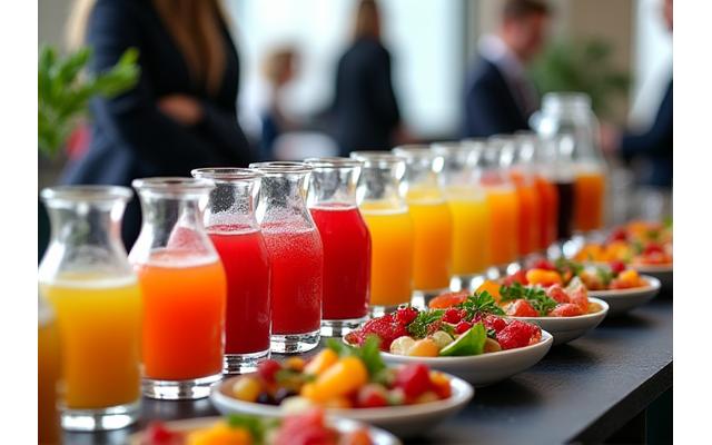 Meja katering dengan pelbagai jus buah-buahan segar, smoothie berwarna-warni, dan hiasan buah-buahan di acara korporat mewah.