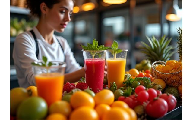 Bartender jus profesional sedang membuat jus segar di stesen live juice bar yang bersih dan moden dengan paparan buah-buahan yang menarik.