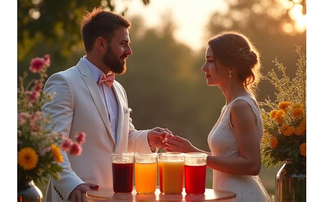 Pasangan pengantin memegang gelas jus buah di majlis perkahwinan outdoor, dengan hiasan bunga-bunga segar.