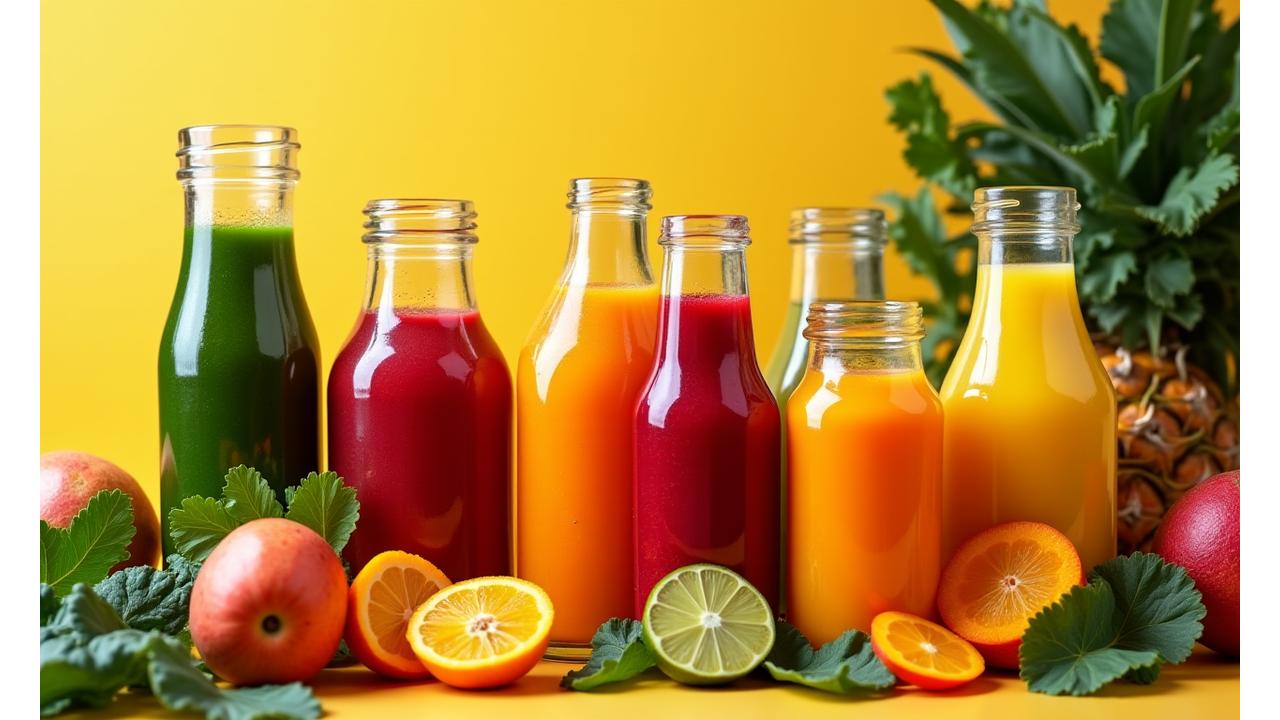 Variety of fresh, colorful juices and whole fruits arranged beautifully, indicating health and vitality.
