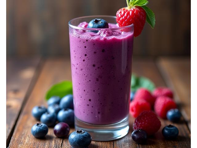 Smoothie berry berwarna ungu cerah dalam gelas, dihiasi dengan beri biru dan raspberi