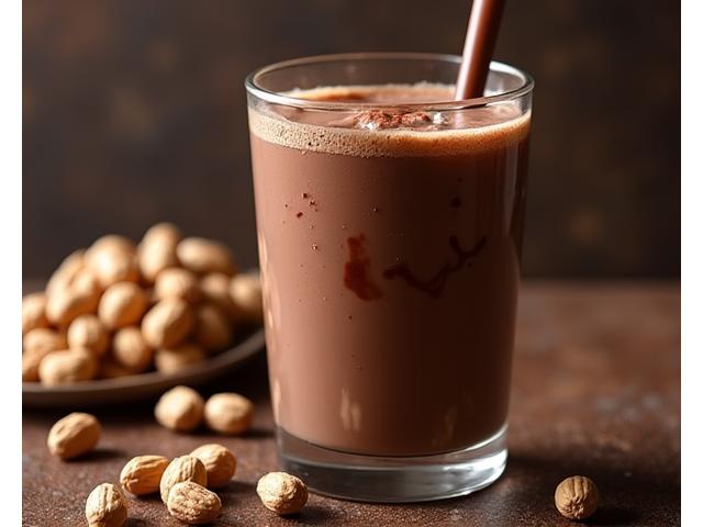 Smoothie coklat kacang yang kaya dalam gelas, dihiasi dengan gerimis coklat