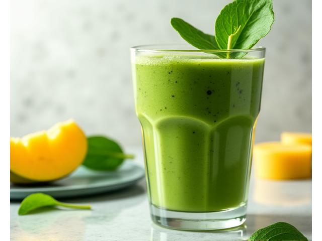 Smoothie hijau pekat dalam gelas tinggi dengan daun bayam dan hirisan pisang