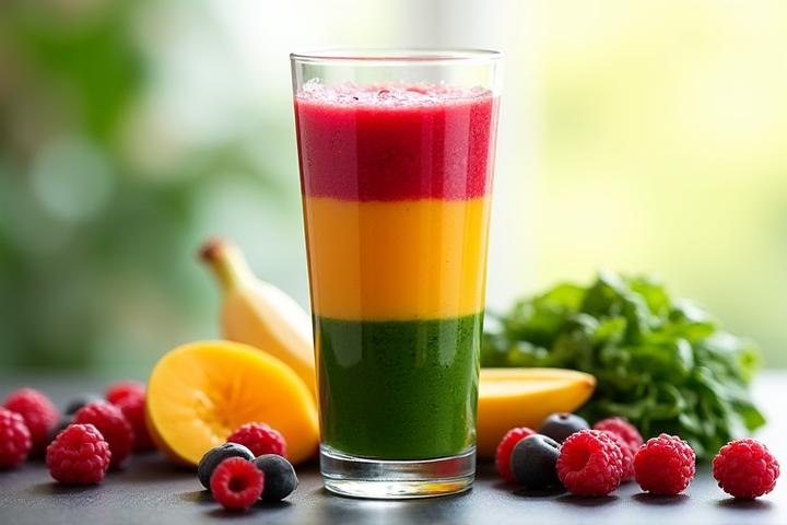 Smoothie beri campuran dan sayuran hijau segar dalam gelas telus, menunjukkan tekstur pekat dan kaya dengan buah-buahan