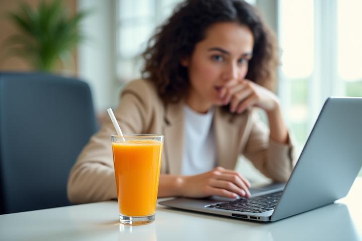 Seorang individu menikmati smoothie di tempat kerja, menunjukkan kemudahan sebagai pengganti makanan