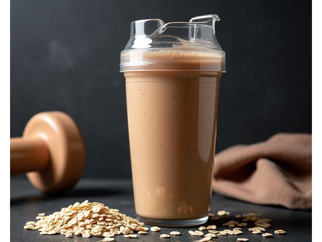 Smoothie pemulihan otot dengan pisang dan oat, di samping dumbbell kecil