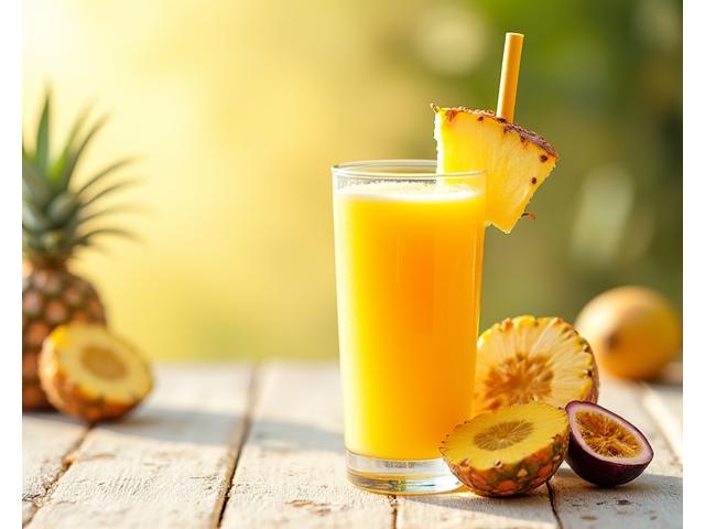 Smoothie tropika berwarna kuning cerah dengan hirisan nanas dan kelapa