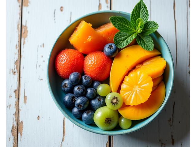 Sebuah mangkuk buah-buahan segar yang berwarna-warni yang mewakili misi Tropika Burst untuk gaya hidup sihat.