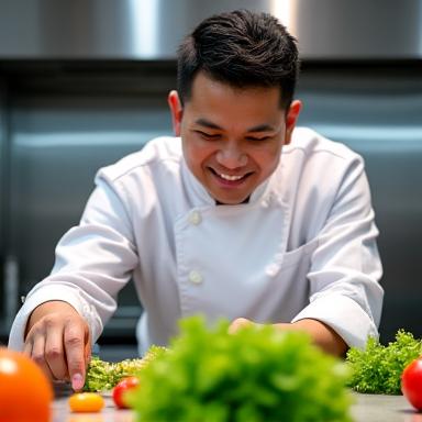 Potret chef utama Tropika Burst, sibuk menyediakan hidangan sihat dengan fokus dan kreativiti.