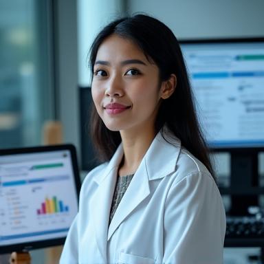 Potret ahli pasukan pakar nutrisi Tropika Burst, sedang memeriksa data nutrisi untuk memastikan ketepatan dan kesihatan produk.