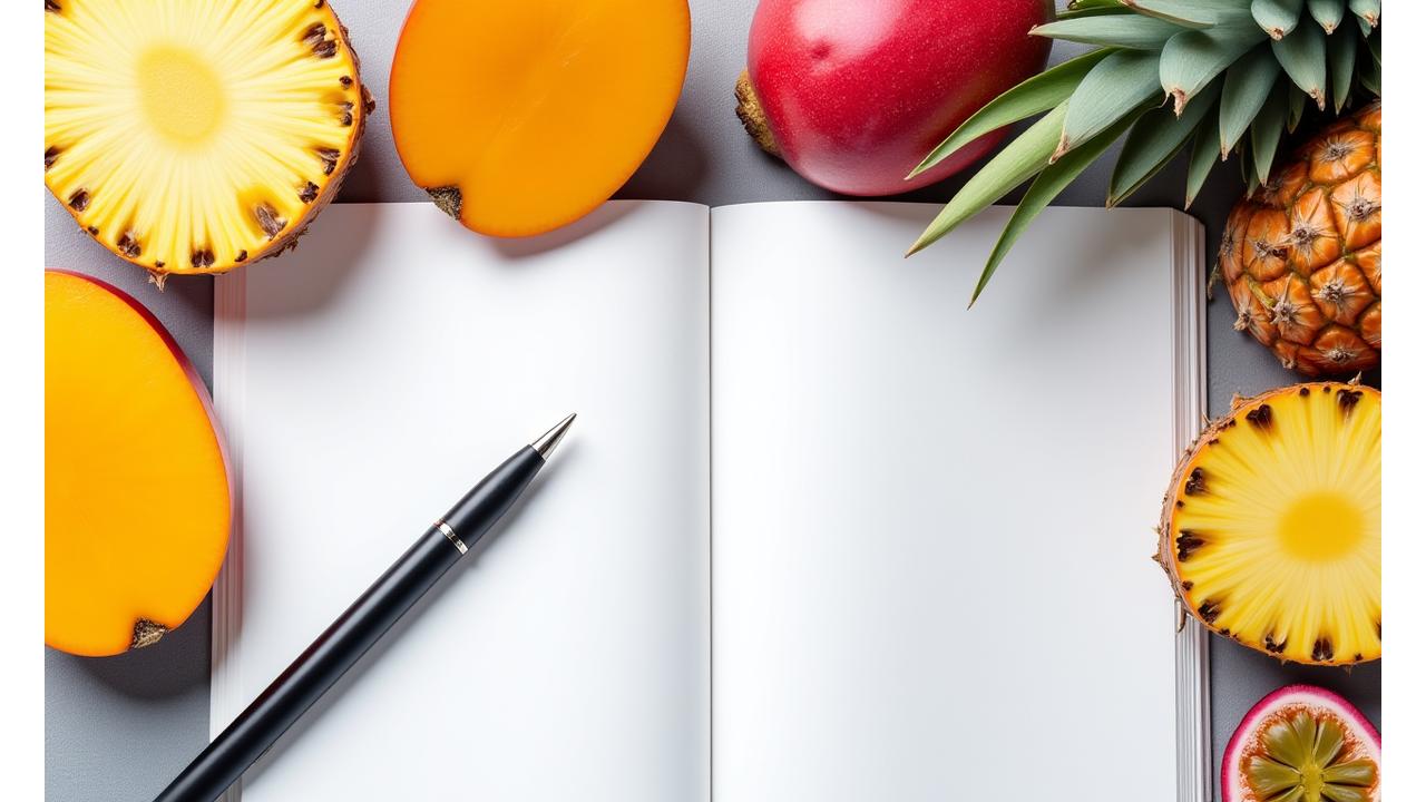 Buah-buahan disusun rapi dengan buku teks undang-undang di latar belakang, melambangkan keadilan dan kesegaran.